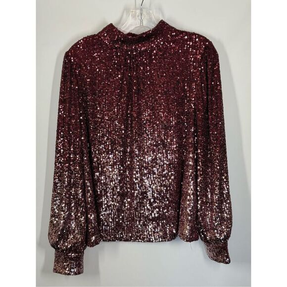 Cable and gauge Merlot rose gold sequin mock neck blouse size large  - Picture 3 of 10